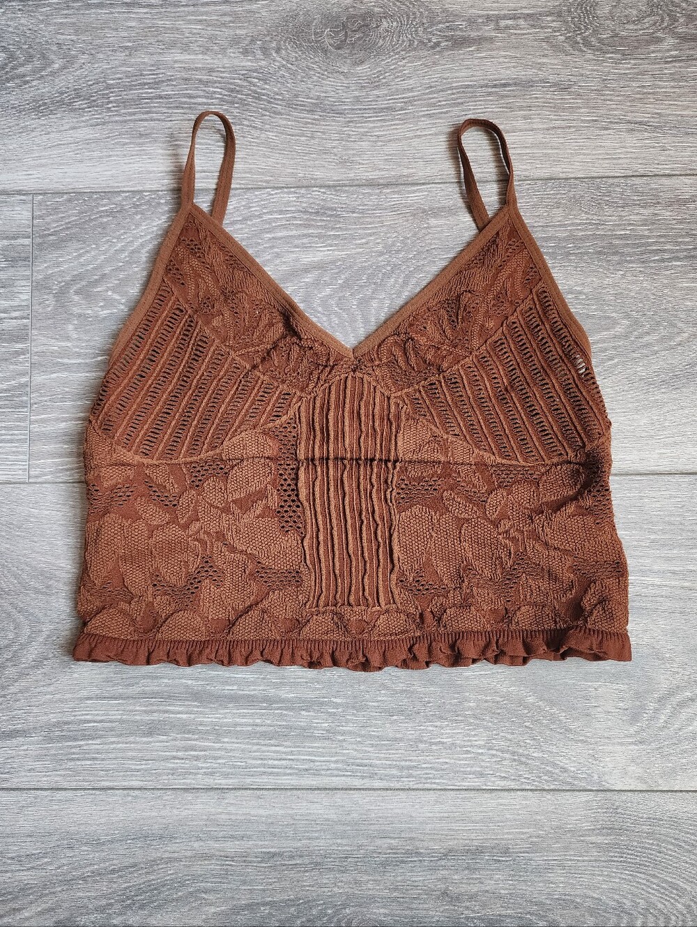 Brown Boho Western Cropped Cami Top Size Medium Ruffle Hem Bralette
